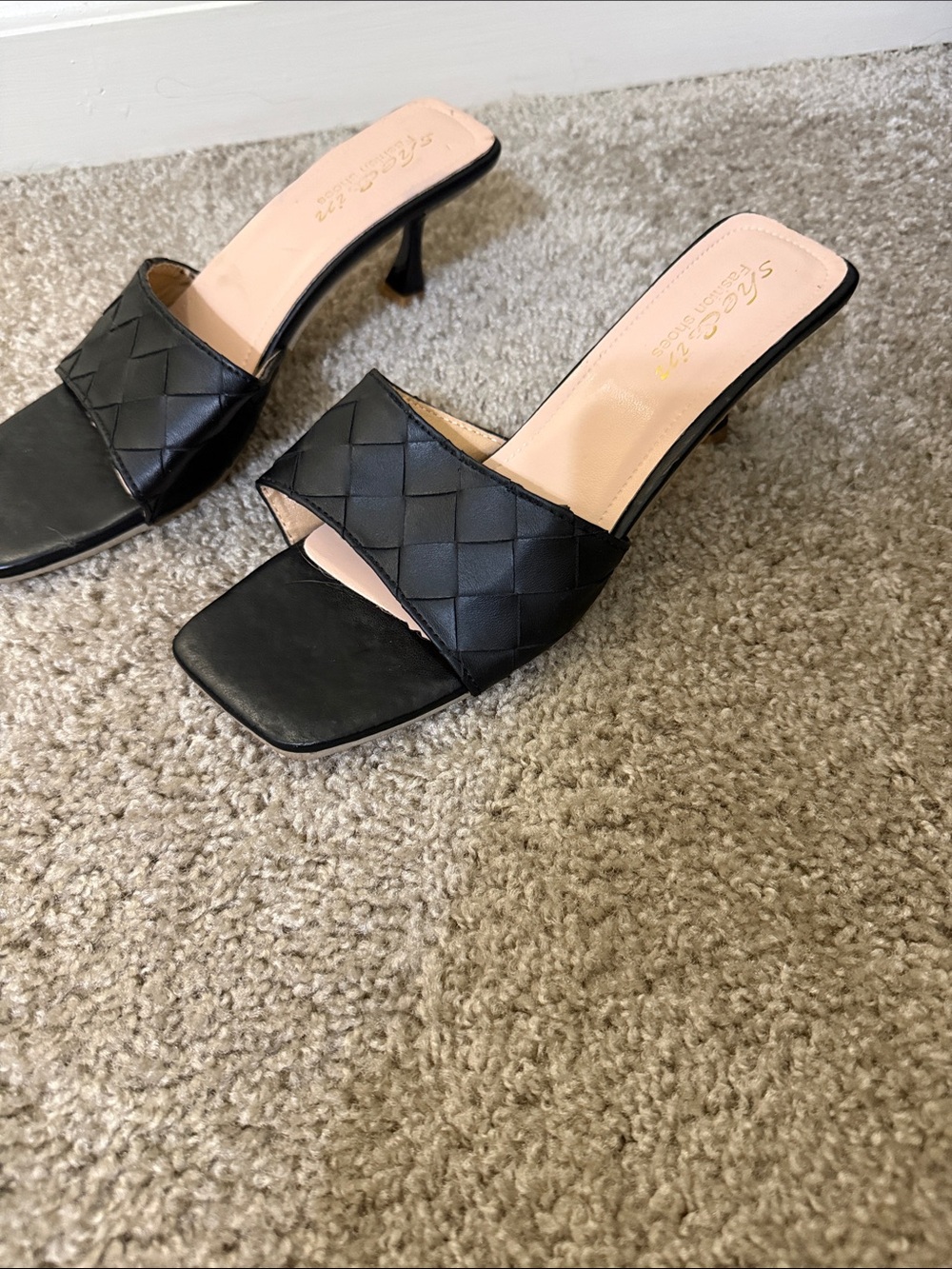 SHEIN Black Woven Slide Heels with Blush Insole
